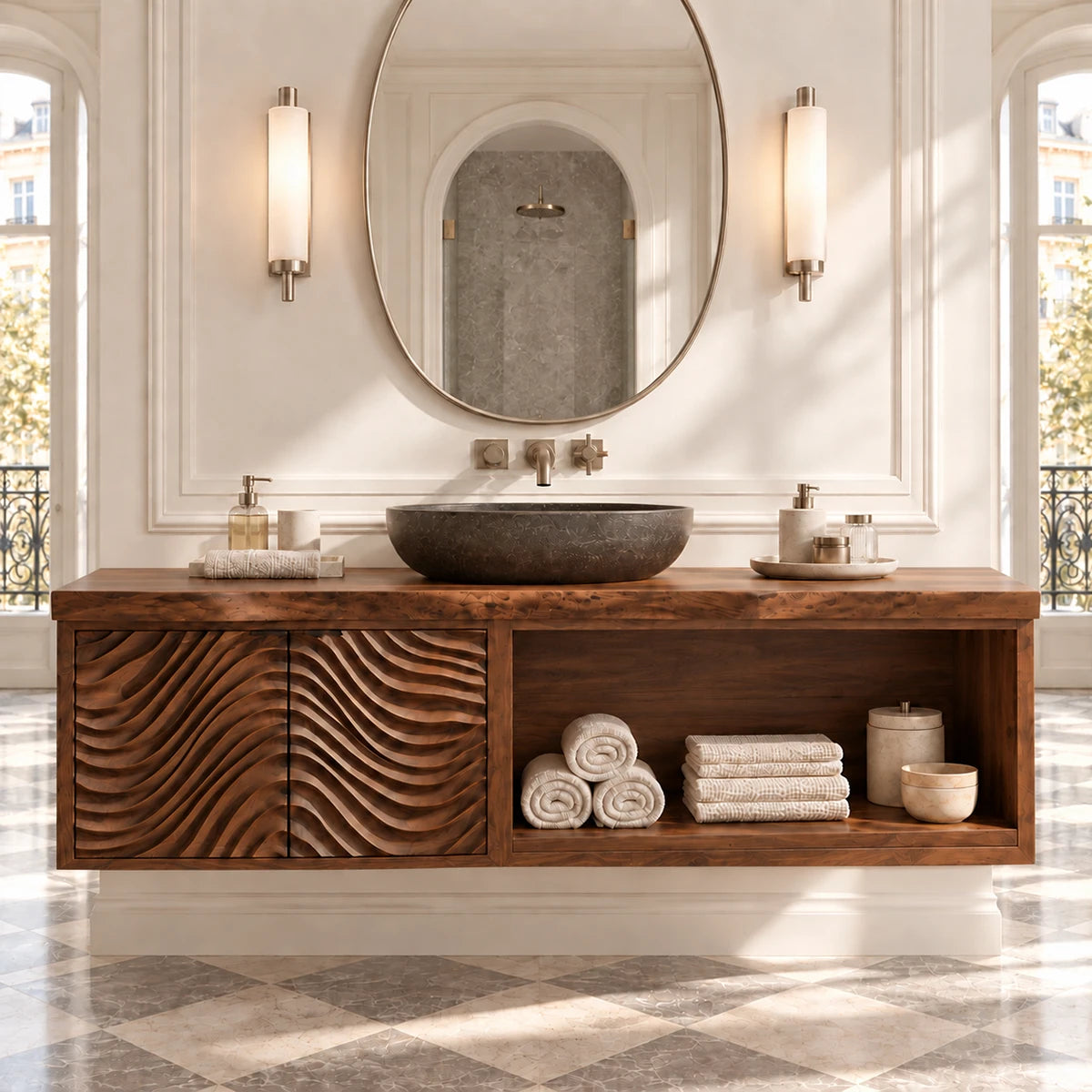 Natural solid wood bathroom vanity with ripple carved doors and practical shelf storage