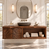 Natural solid wood bathroom vanity with ripple carved doors and practical shelf storage