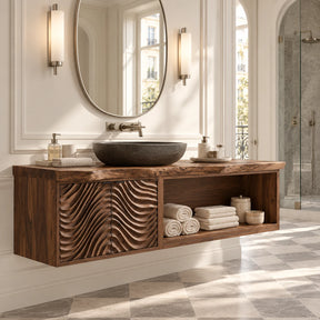 Floating bathroom vanity in natural solid wood with ripple doors and open towel shelf