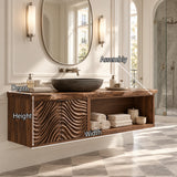 Clean lined vanity unit in natural solid wood with two carved doors and open cubby