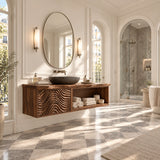 Modern wall mounted vanity in natural solid wood with carved fronts and side storage