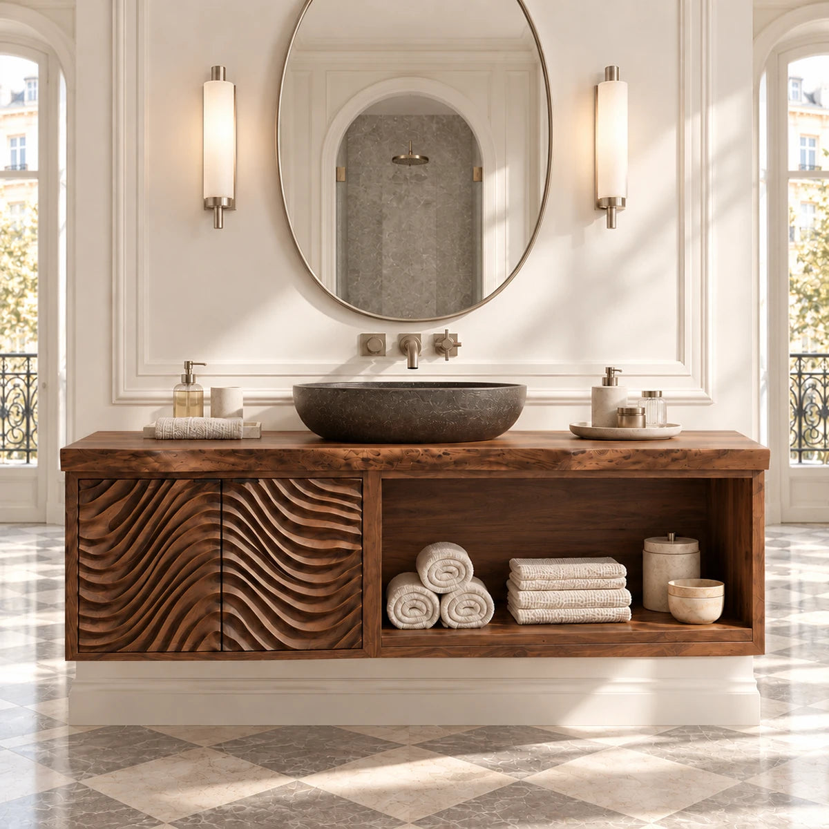 Open shelf bathroom vanity in natural solid wood with sculpted doors and towel cubby