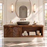 Open shelf bathroom vanity in natural solid wood with sculpted doors and towel cubby