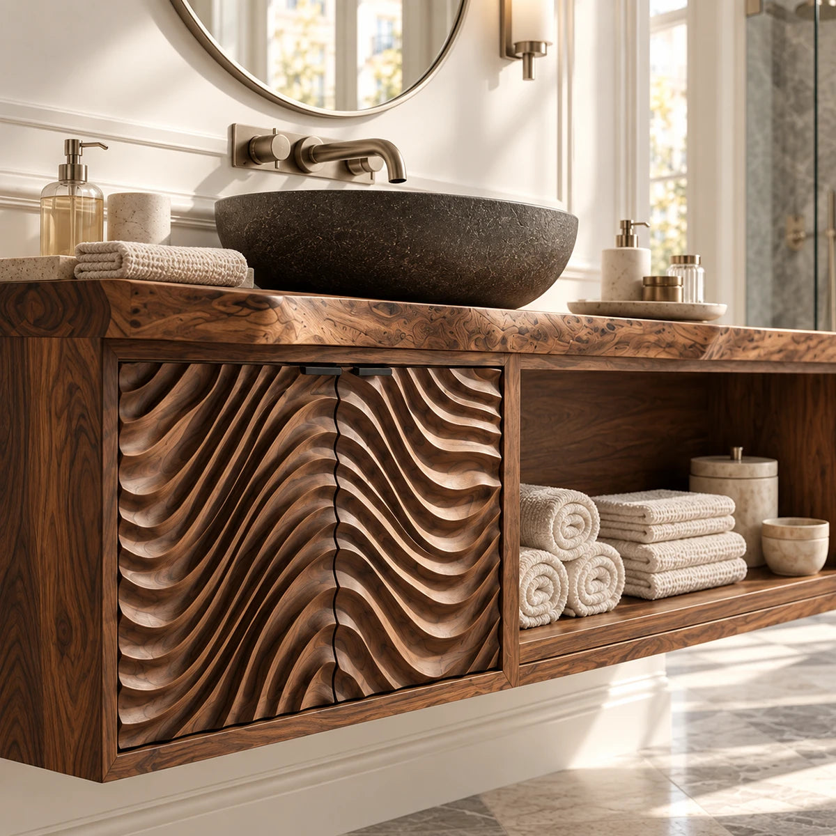 Contemporary bath vanity in natural solid wood with textured panels and open shelving