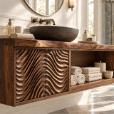 Contemporary bath vanity in natural solid wood with textured panels and open shelving