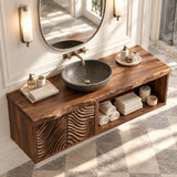 Designer vanity cabinet in natural solid wood with wave carved doors and storage bay