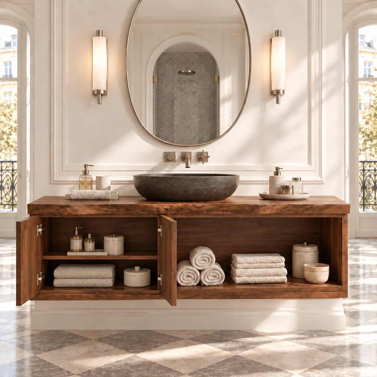 Minimalist bathroom vanity in natural solid wood with floating form and open shelf