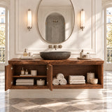 Minimalist bathroom vanity in natural solid wood with floating form and open shelf