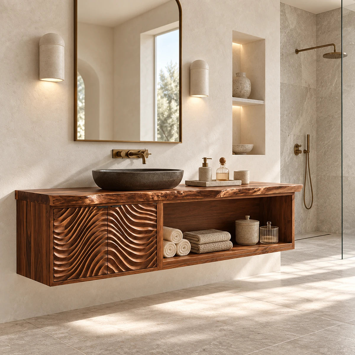 Storage focused vanity in natural solid wood with sculpted doors and towel shelving