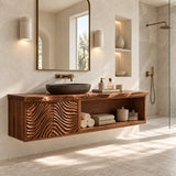Storage focused vanity in natural solid wood with sculpted doors and towel shelving