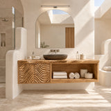 Refined bath vanity in natural solid wood with carved ripple fronts and open storage