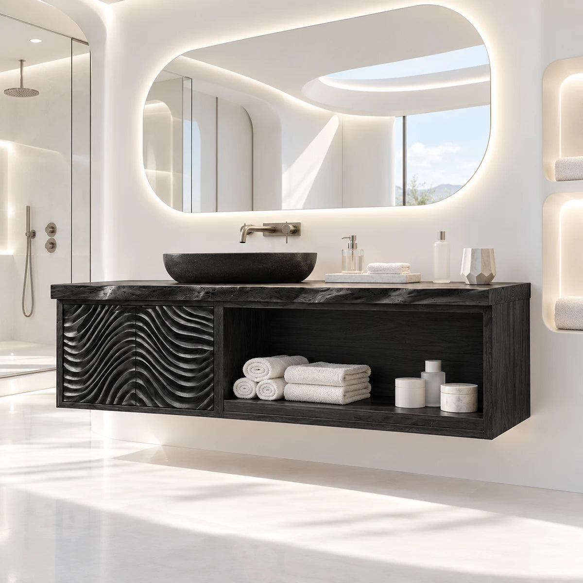 Statement bathroom vanity in natural solid wood with wave panels and side shelf space