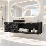 Statement bathroom vanity in natural solid wood with wave panels and side shelf space