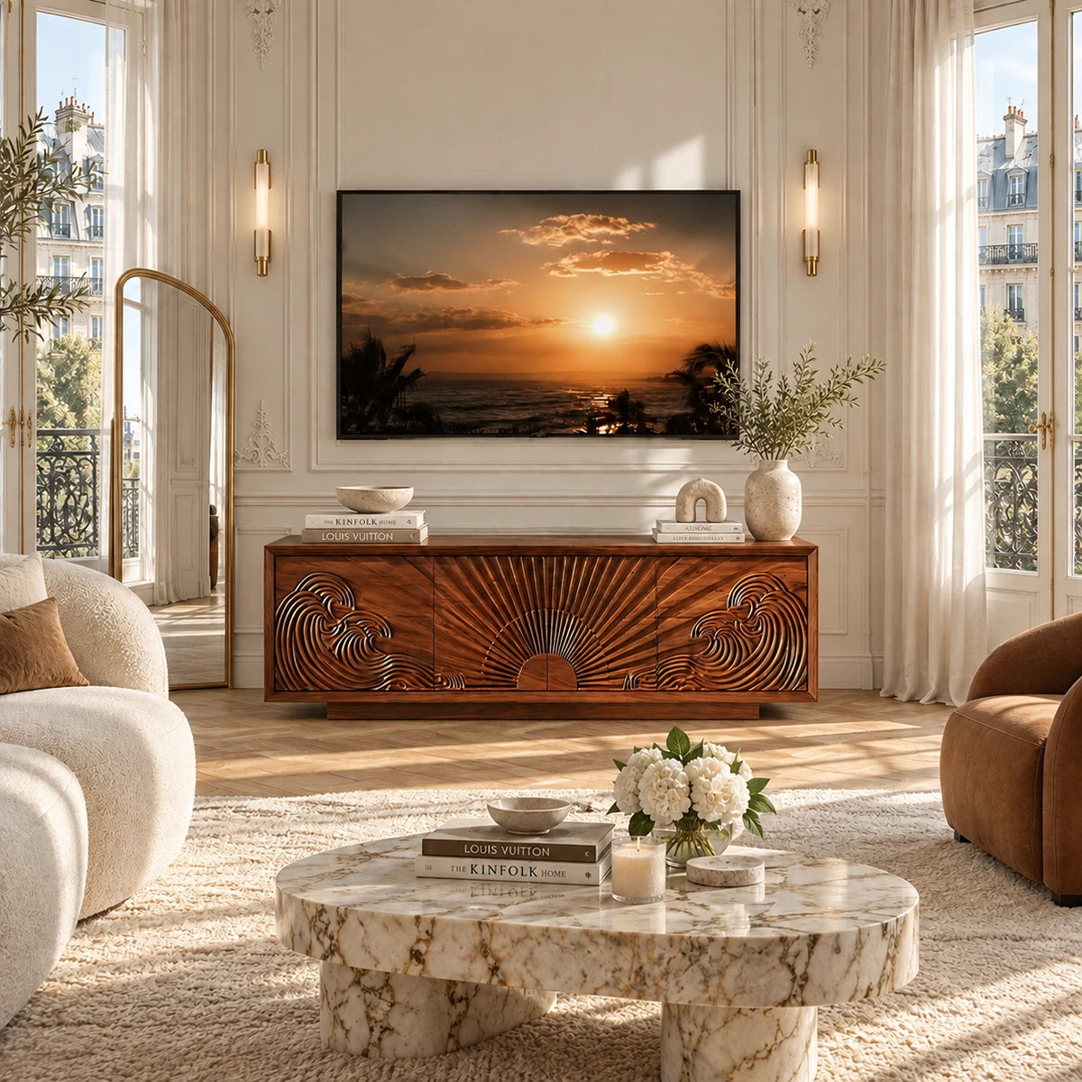 Wide entertainment console with carved wave doors anchors a spacious upscale living room