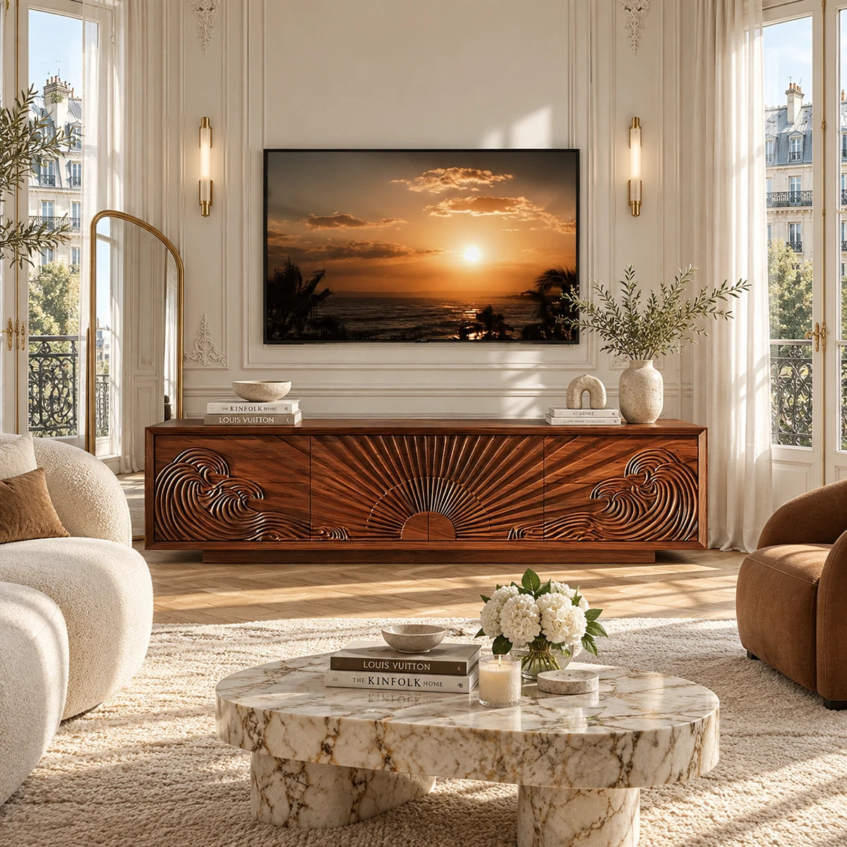 Modern TV console with wave relief fronts creates a bold focal point in a refined interior
