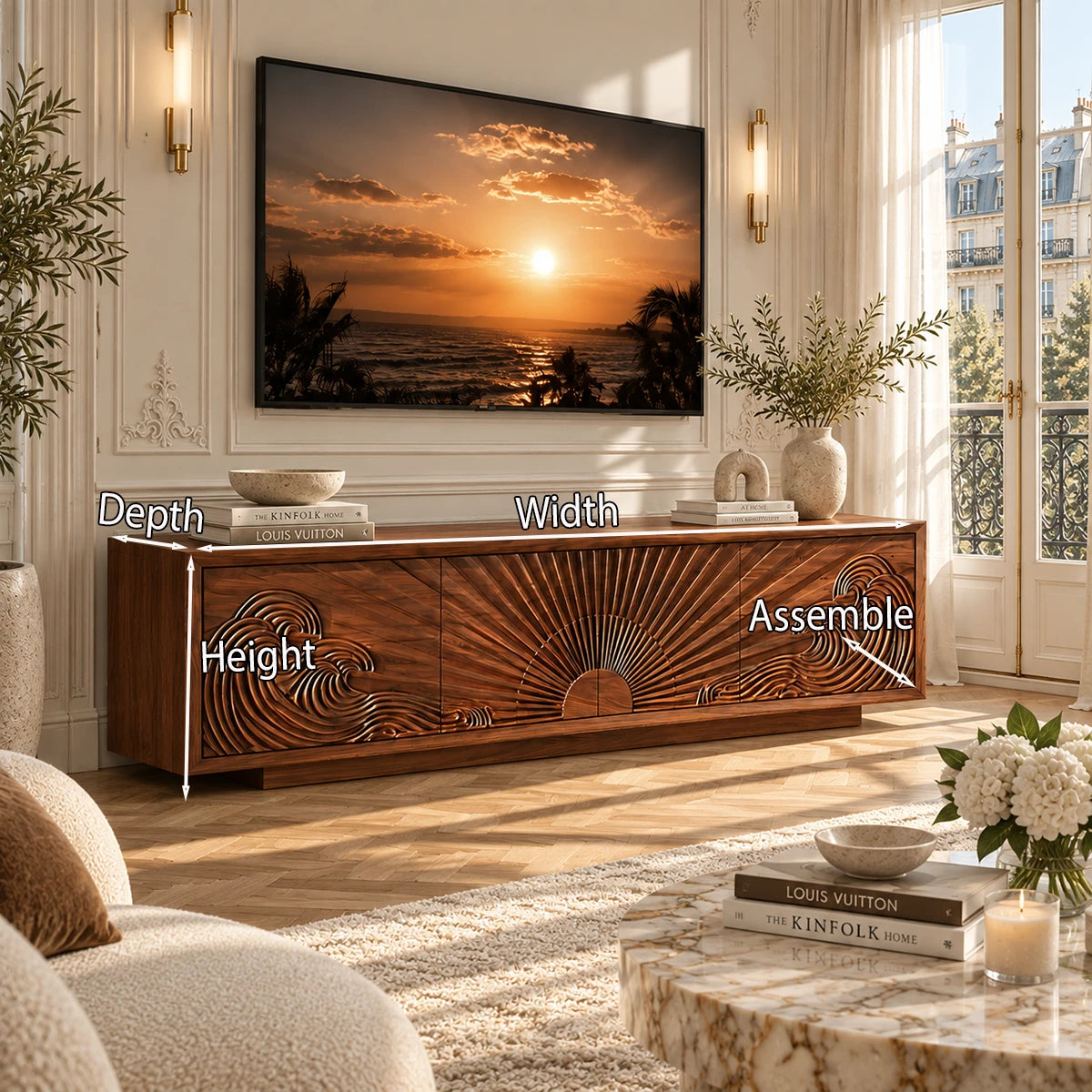 Contemporary TV stand with sculpted relief doors adds character to a formal living room
