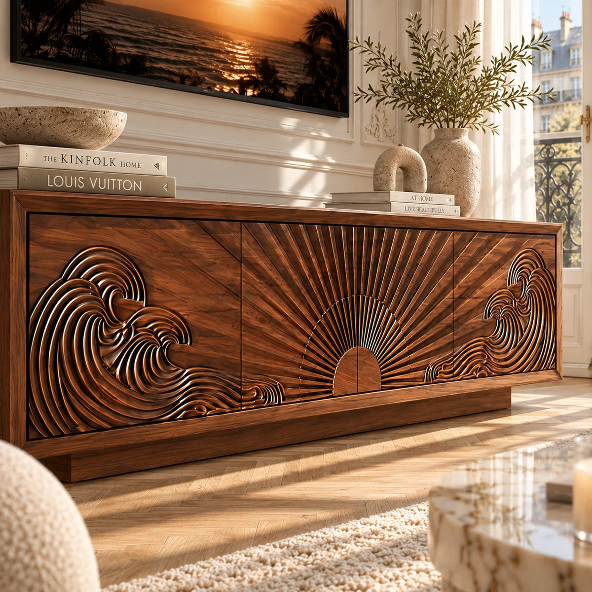 Statement entertainment unit with carved ocean motifs adds texture to a refined lounge