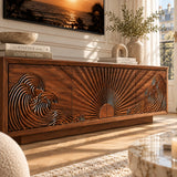 Statement entertainment unit with carved ocean motifs adds texture to a refined lounge