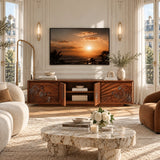 Low profile TV stand with relief doors blends useful storage with artistic craftsmanship
