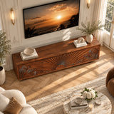 Handcrafted media cabinet with carved wave panels enhances a sophisticated living space