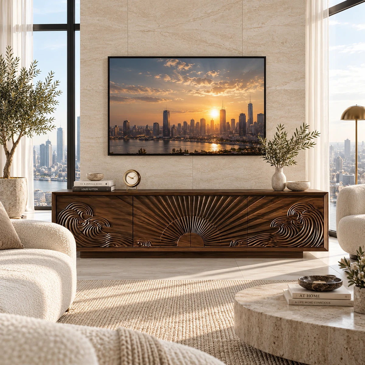 Luxury TV stand with sculpted door fronts offers concealed storage for a refined room