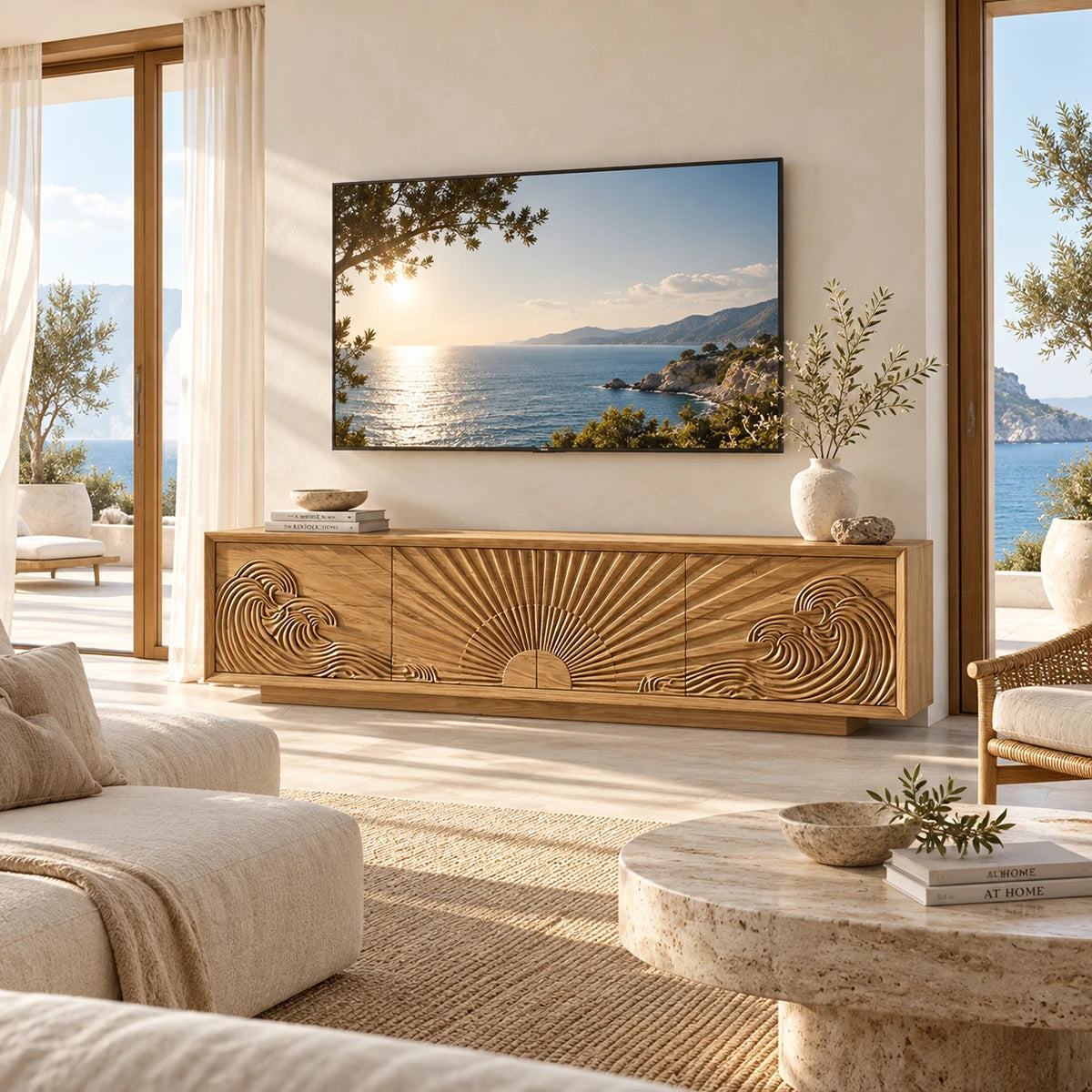 Artistic media console with sun and wave carving brings visual depth to modern home decor
