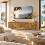 Artistic media console with sun and wave carving brings visual depth to modern home decor