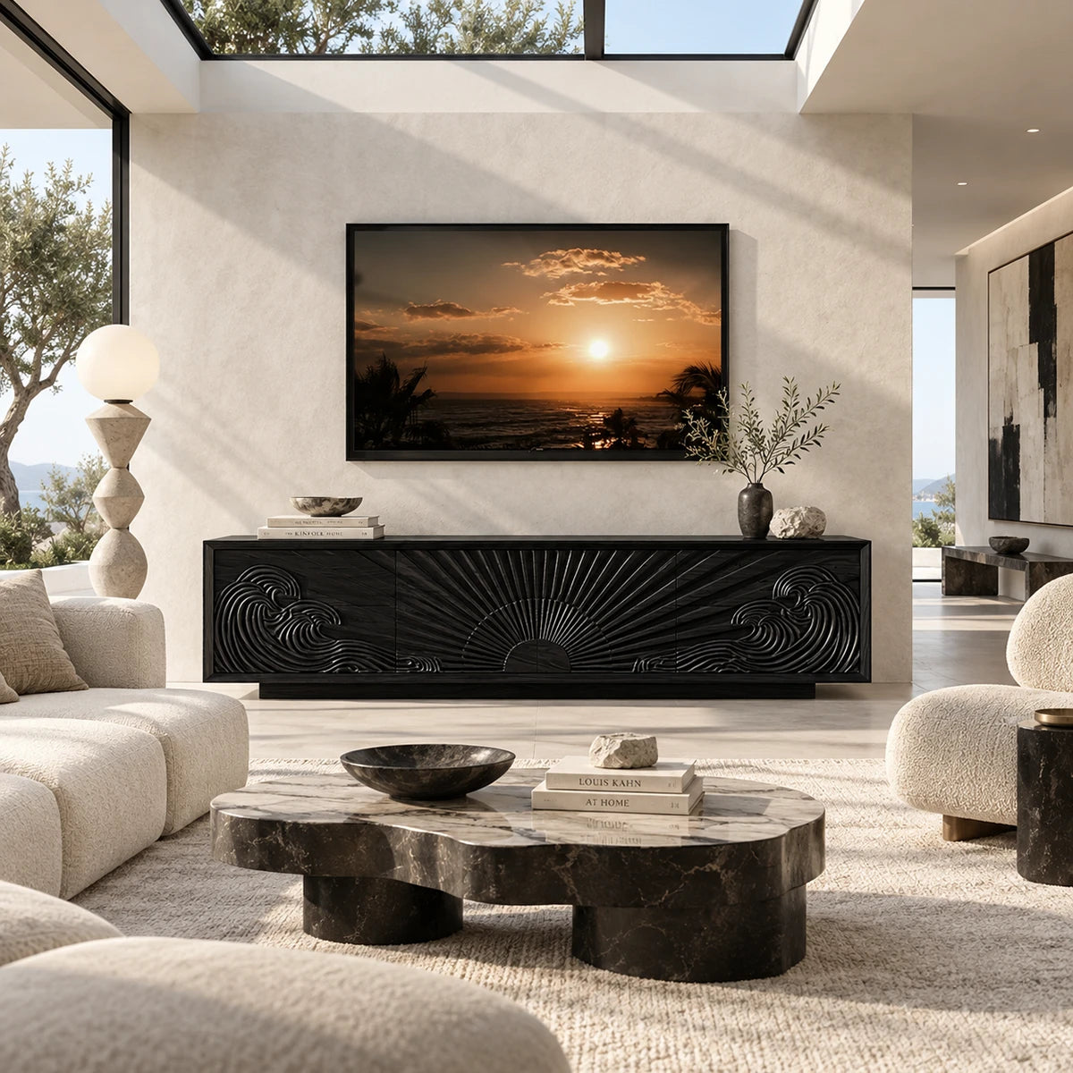 Decorative TV cabinet with carved front panels creates a distinctive media wall feature