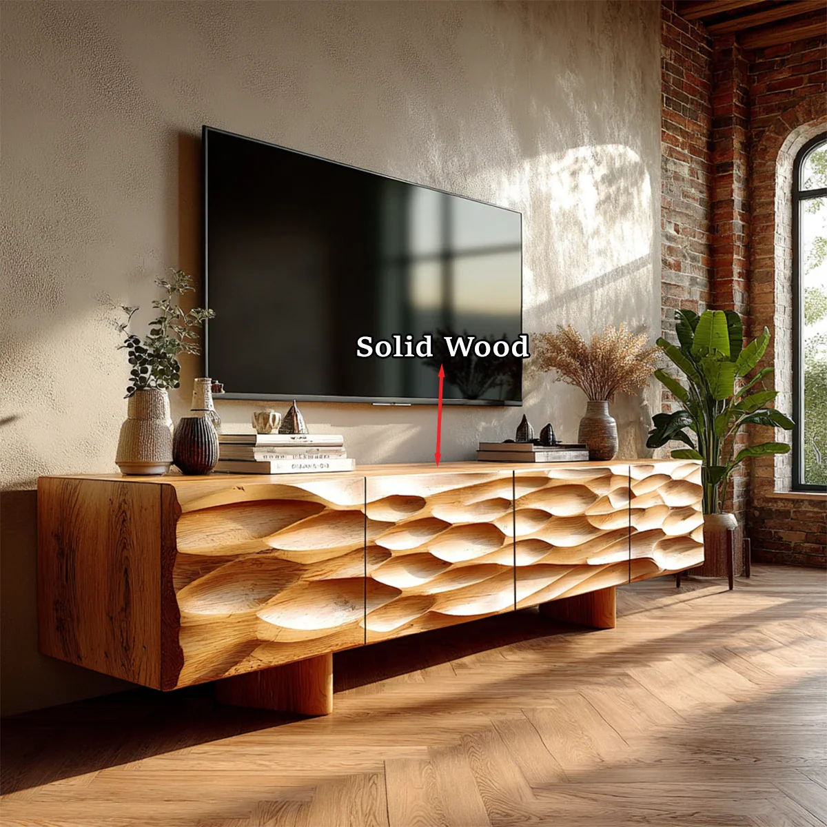 Carved Texture Natural Solid Wood TV Stand with Hidden Storage and Wide Form - ArborisWood - 10
