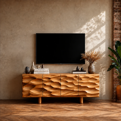 Carved Texture Natural Solid Wood TV Stand with Hidden Storage and Wide Form - ArborisWood - 12
