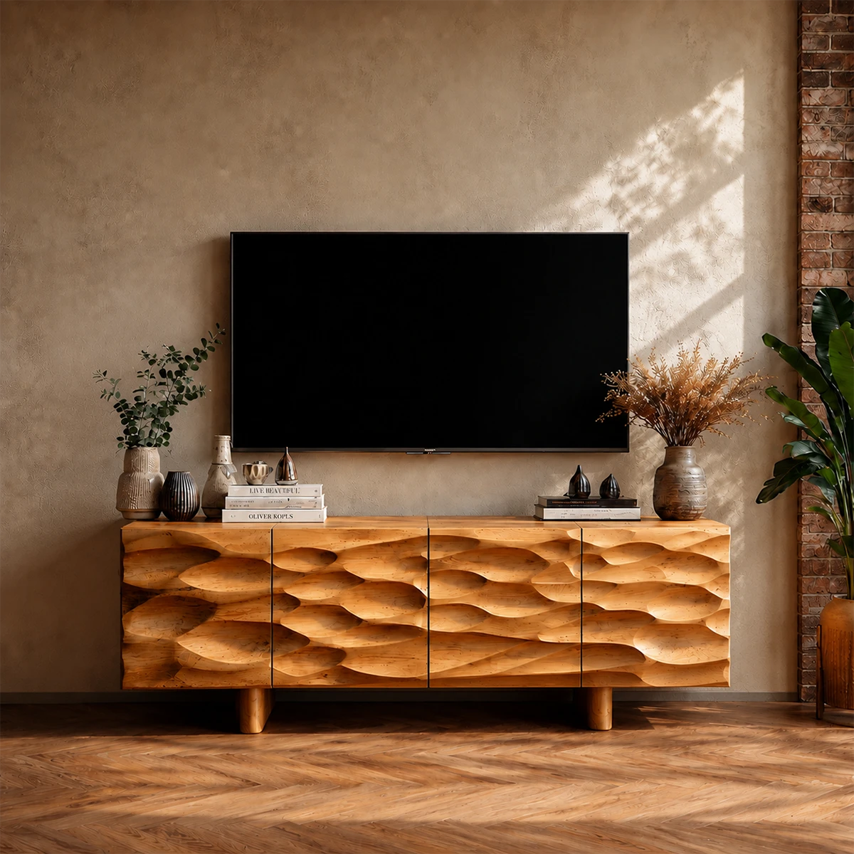 Carved Texture Natural Solid Wood TV Stand with Hidden Storage and Wide Form - ArborisWood - 13