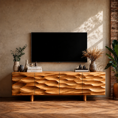 Carved Texture Natural Solid Wood TV Stand with Hidden Storage and Wide Form - ArborisWood - 15