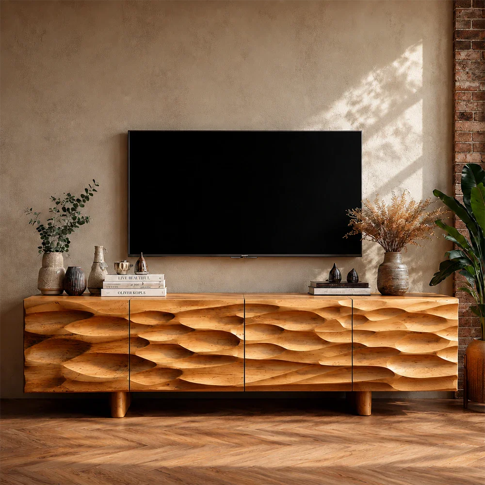 Carved Texture Natural Solid Wood TV Stand with Hidden Storage and Wide Form - ArborisWood - 3