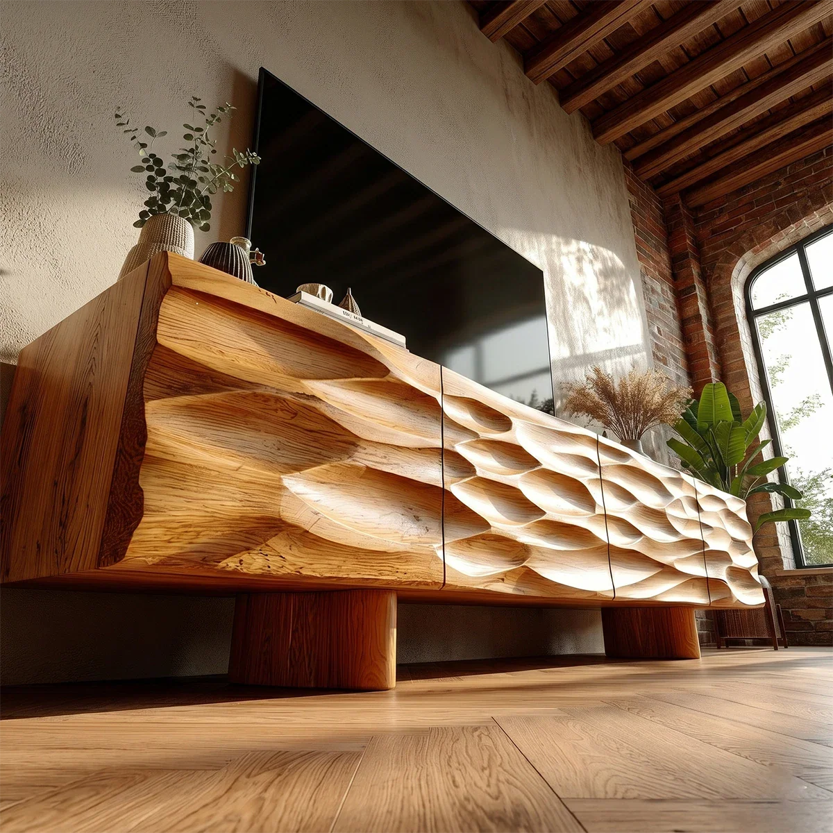 Carved Texture Natural Solid Wood TV Stand with Hidden Storage and Wide Form - ArborisWood - 5