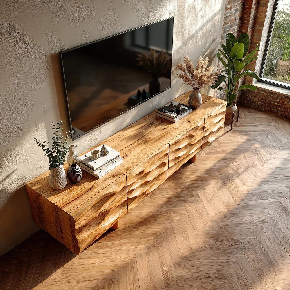 Carved Texture Natural Solid Wood TV Stand with Hidden Storage and Wide Form - ArborisWood - 6