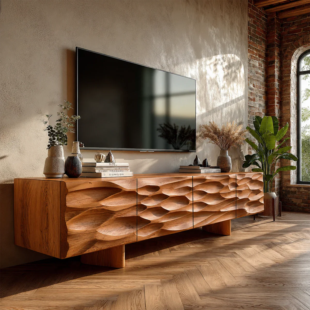 Carved Texture Natural Solid Wood TV Stand with Hidden Storage and Wide Form - ArborisWood - 7