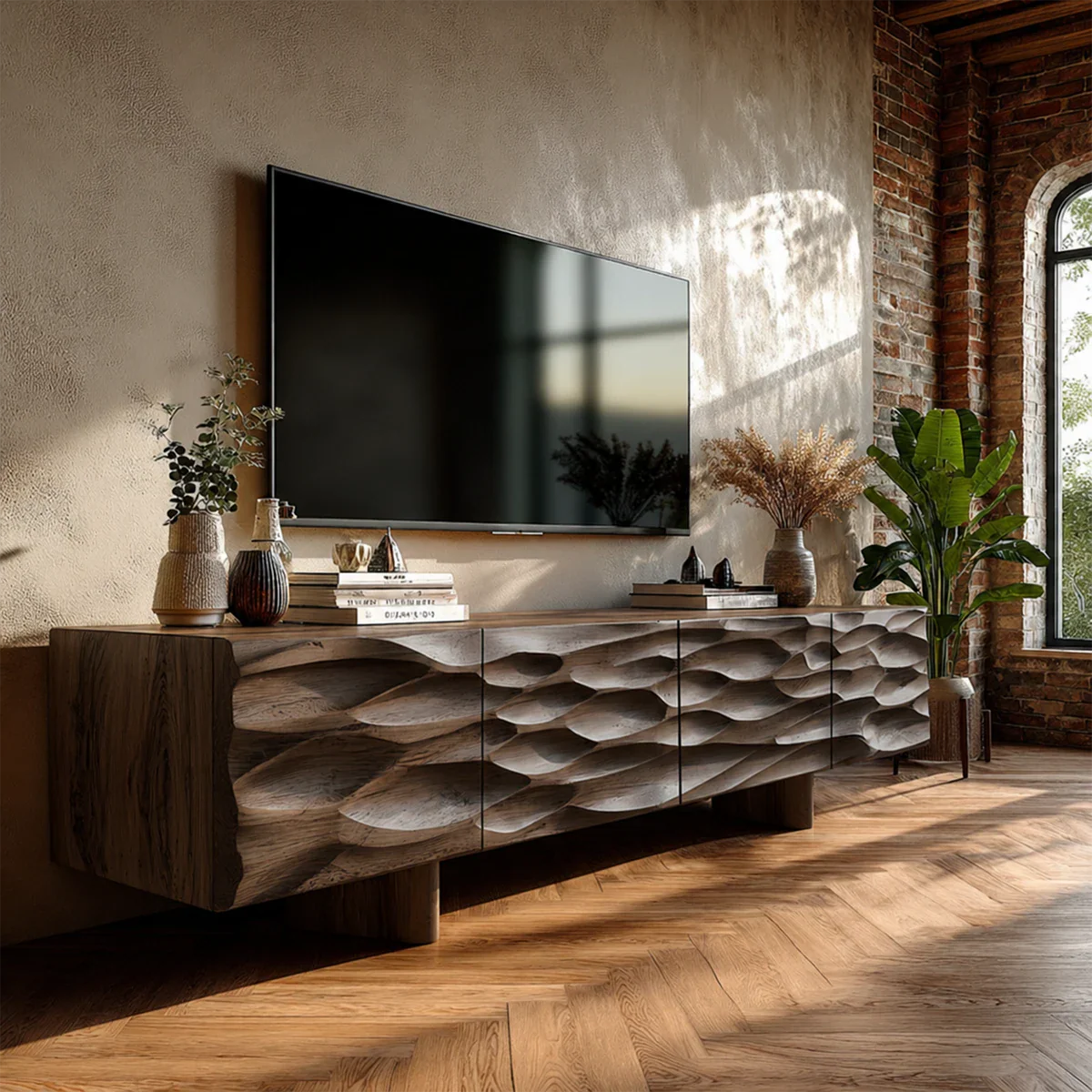 Carved Texture Natural Solid Wood TV Stand with Hidden Storage and Wide Form - ArborisWood - 8