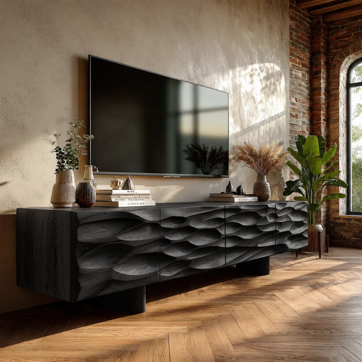 Carved Texture Natural Solid Wood TV Stand with Hidden Storage and Wide Form - ArborisWood - 9