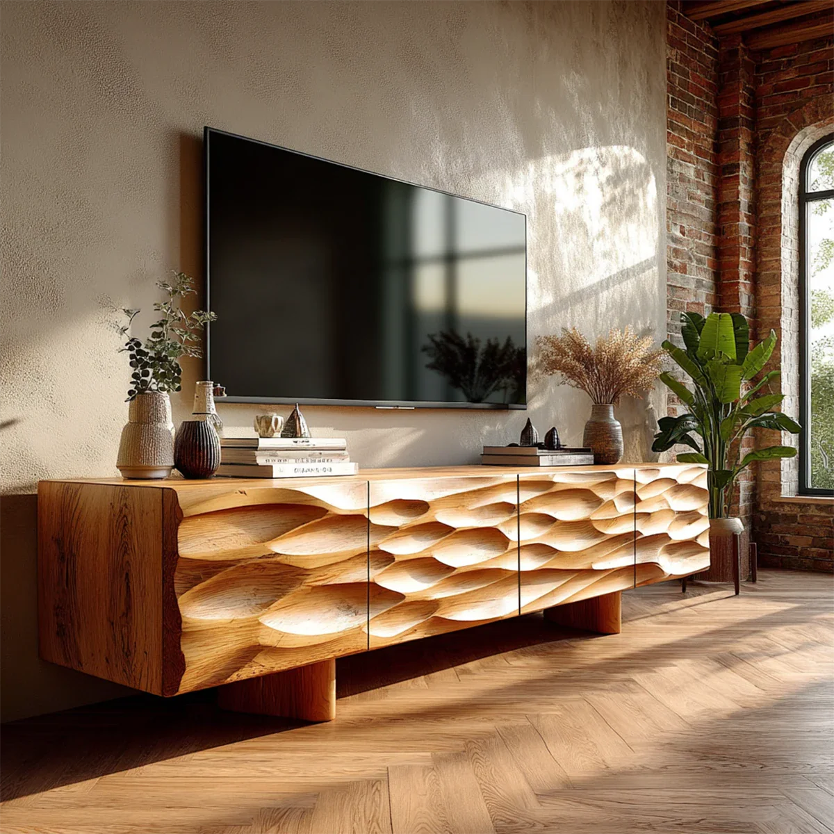 Carved Texture Natural Solid Wood TV Stand with Hidden Storage and Wide Form - ArborisWood