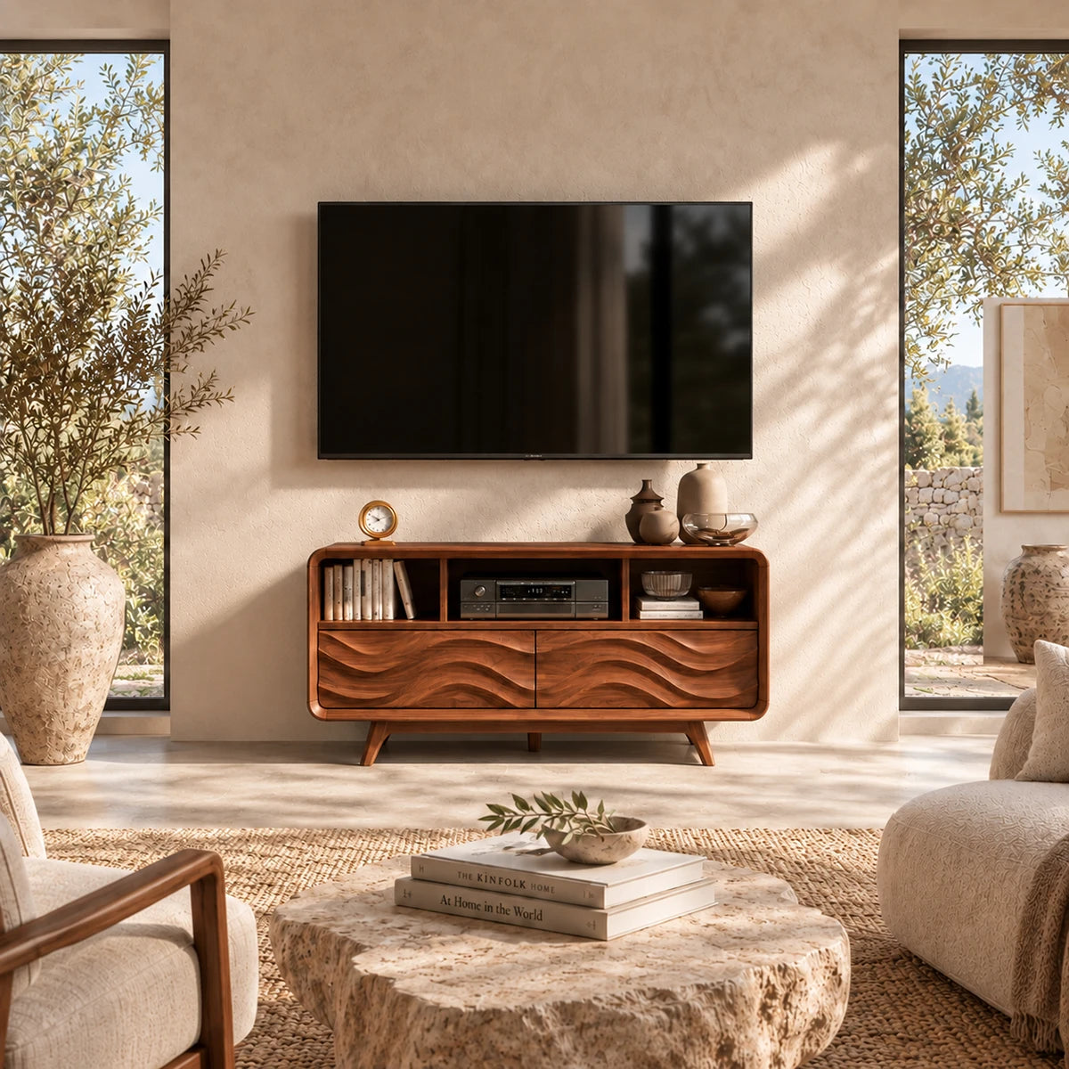 Artistic TV console with flowing relief drawers and open media bays for a modern lounge