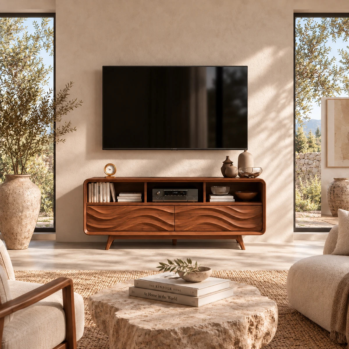 Low media cabinet with sculpted wave fronts and open shelves for books and electronics