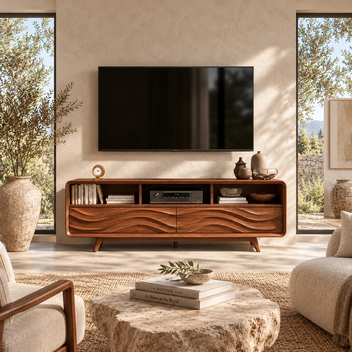 Natural solid wood TV stand with carved wave doors and open media storage for living rooms