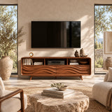 Natural solid wood TV stand with carved wave doors and open media storage for living rooms