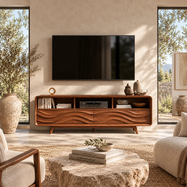 Natural solid wood TV stand with carved wave doors and open media storage for living rooms