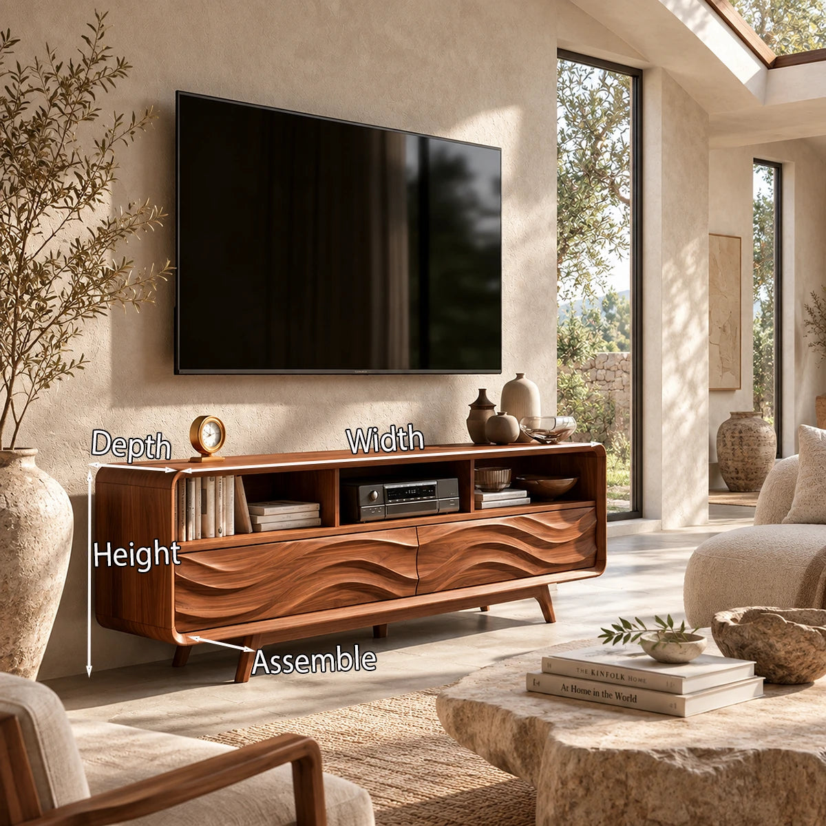 Natural solid wood media stand with carved details and open shelving for everyday storage