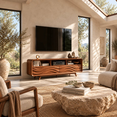 Modern media console with sculpted front panels and open shelves for a refined interior