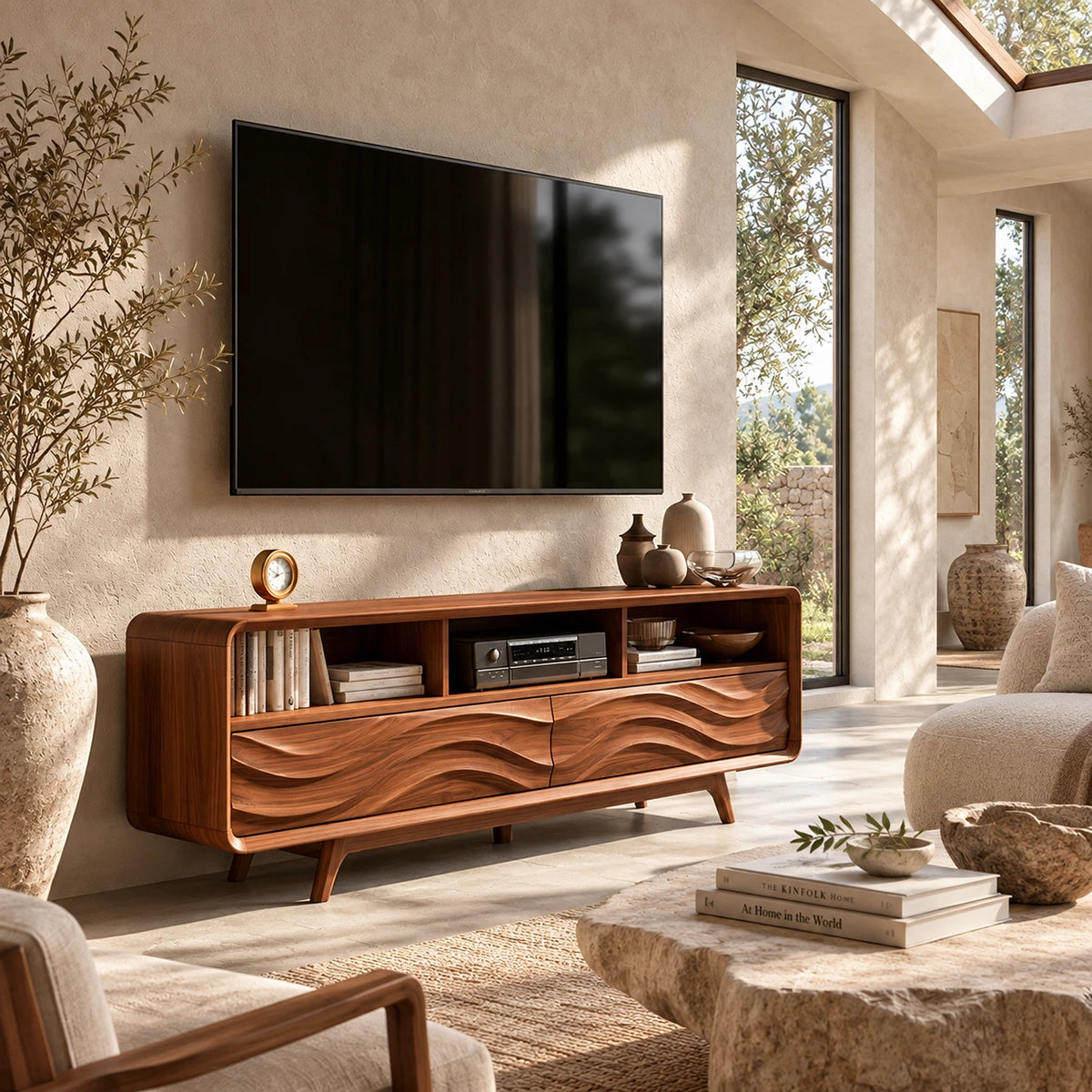 Low profile TV stand with carved wave details and open compartments for media equipment