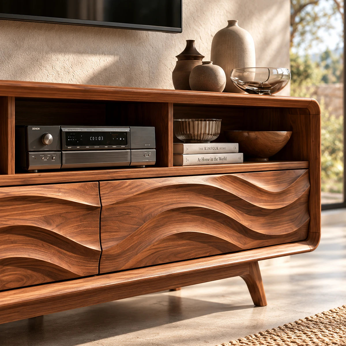 Handcrafted media cabinet with flowing relief doors and spacious open storage above