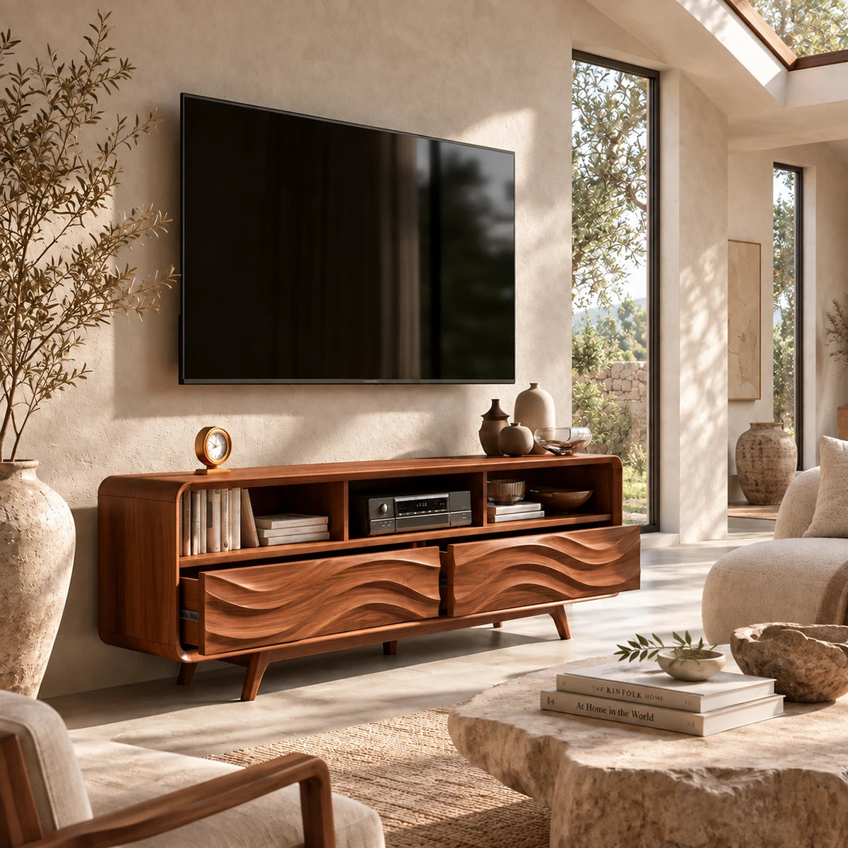 Solid wood TV console with sculpted drawer fronts and open shelving for modern spaces