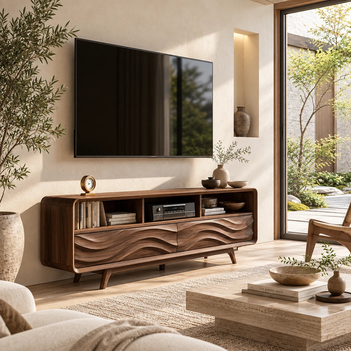 Statement TV stand with flowing carved doors and open shelves beneath a wall mounted TV